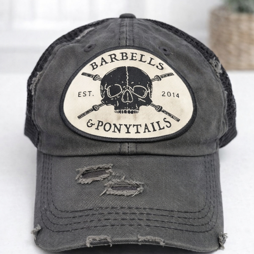 KBETHOS Distressed Charcoal Trucker Hat with Skull Patch